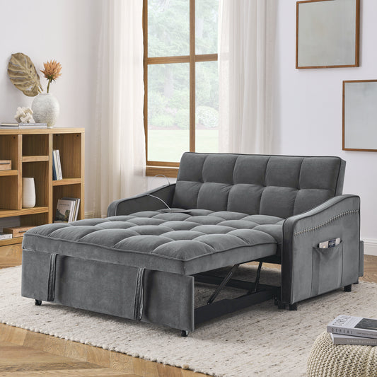 Zoe Velvet Loveseat Sofa Bed with Pockets & USB Charging, Gray
