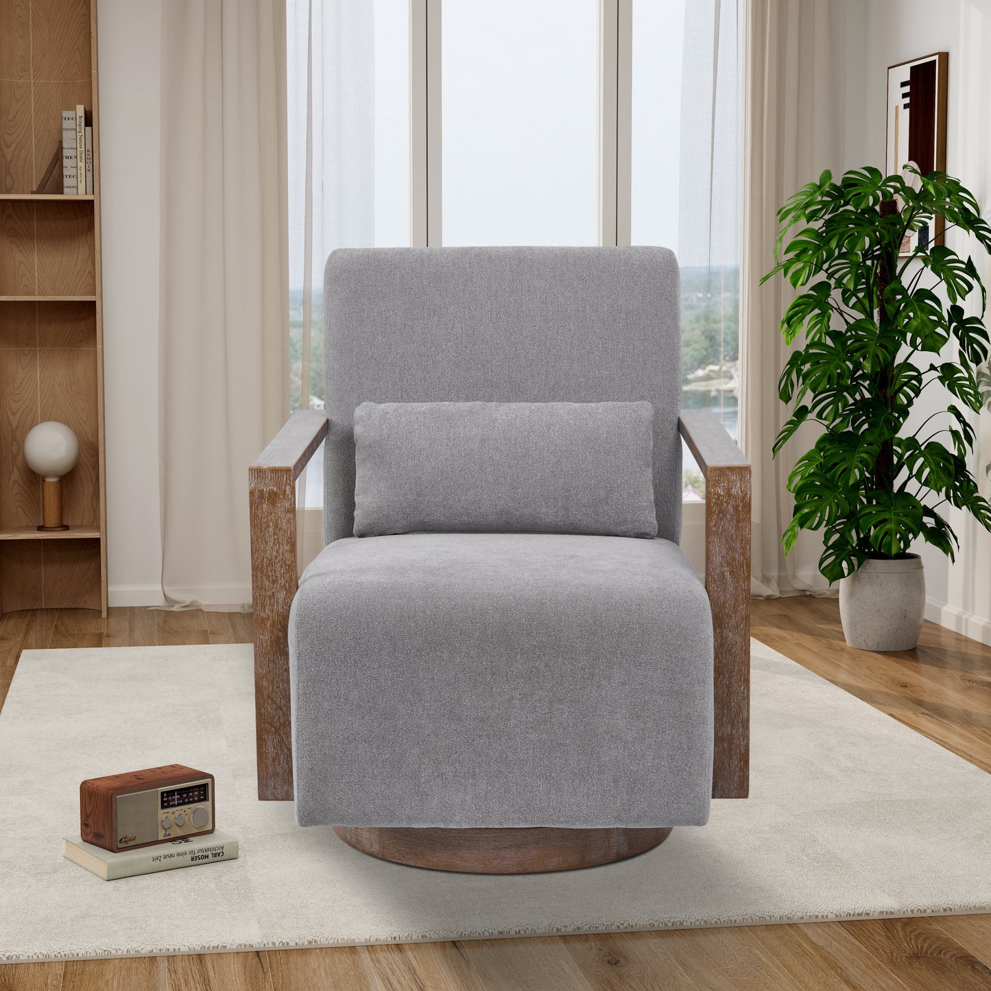 Tarren Linen Swivel Chair with Solid Wood Arms & Base - Gray