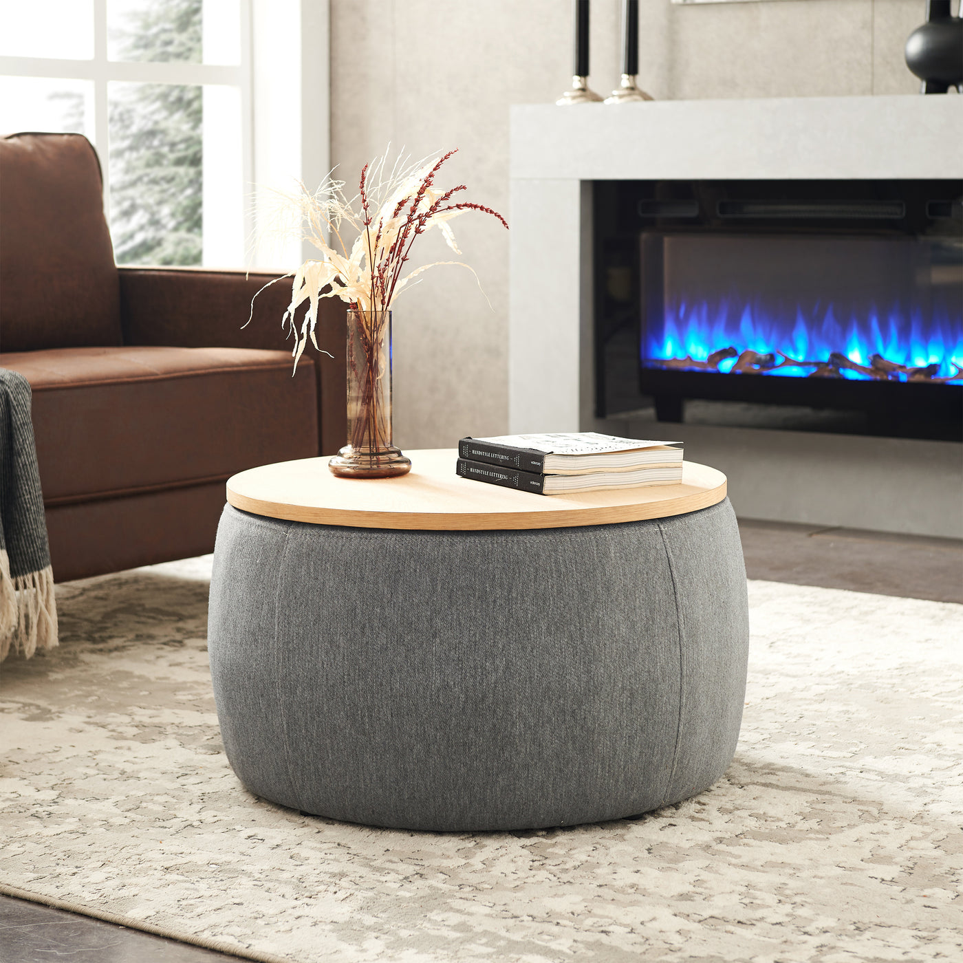 Jules Round Upholstered Storage Ottoman with Wooden Top, Gray