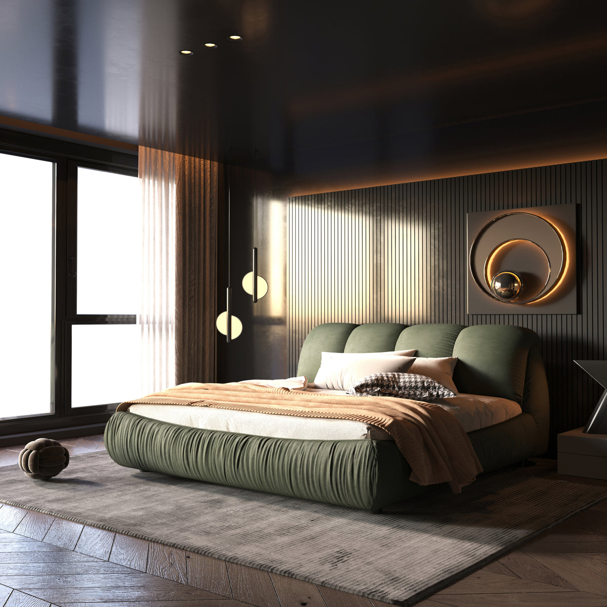 Calista Queen Platform Bed with Oversize Padded Headboard, Green
