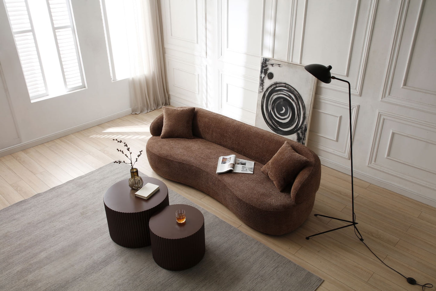 Silas Mid Century Modern Curved Bouclé Sofa, Brown