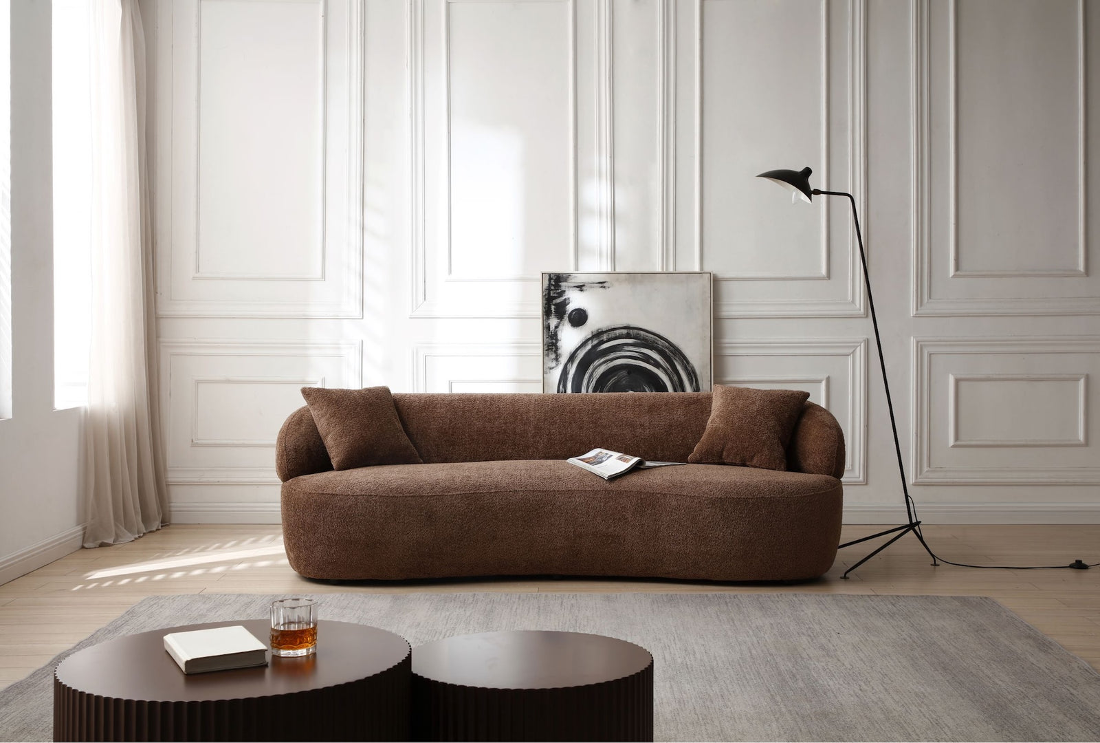 Silas Mid Century Modern Curved Bouclé Sofa, Brown