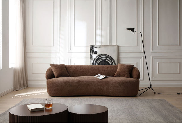 Silas Mid Century Modern Curved Bouclé Sofa, Brown