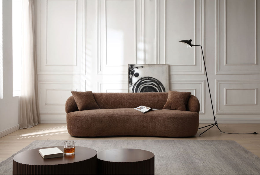 Silas Mid Century Modern Curved Bouclé Sofa, Brown