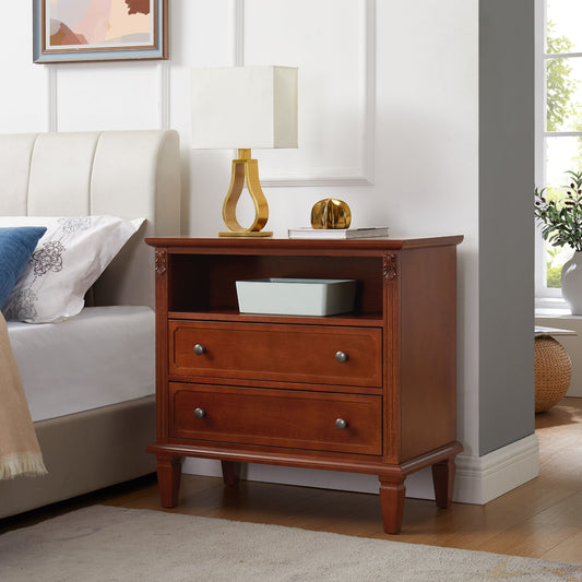A walnut brown Marilla 2-drawer farmhouse nightstand with USB ports, placed in a bedroom setting.