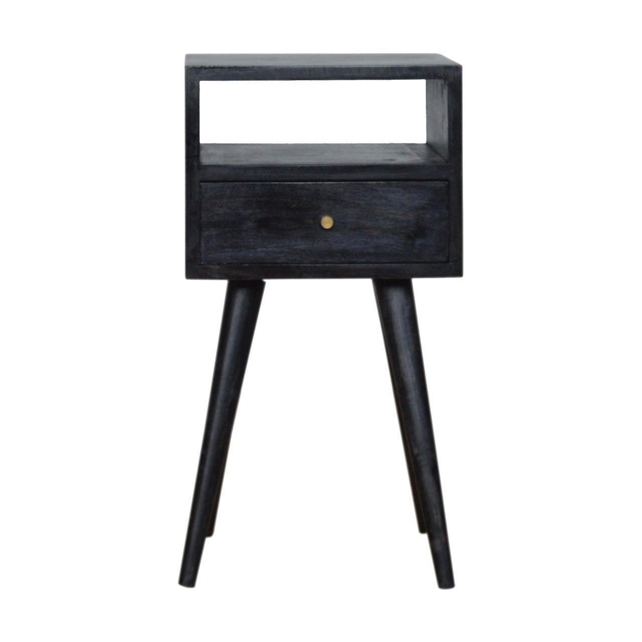A black mid-century modern nightstand with a solid wood construction, featuring a square top and three visible legs.