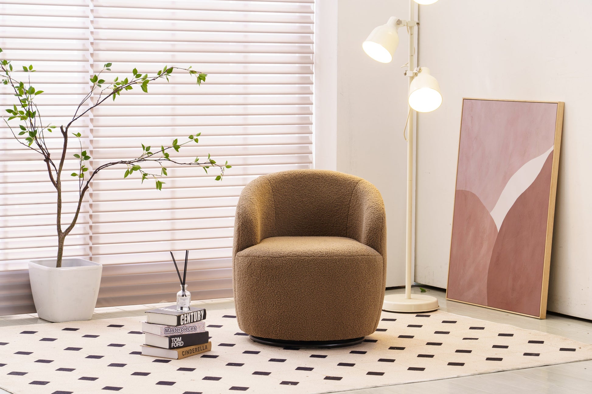 Chocolate Teddy Fabric Swivel Barrel Chair