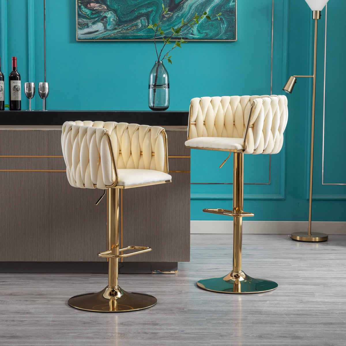 Modern Ivory Velvet Adjustable Height Bar Stool Set of 2