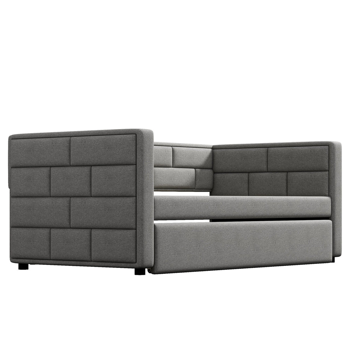 Twin Size Daybed with Trundle in Cube Tufted Gray Upholstery