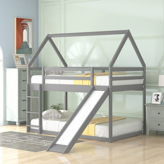 Twin Size Bunk House Bed with Slide and Ladder in Gray