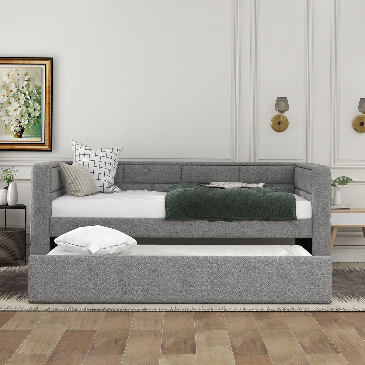 Twin Size Daybed with Trundle in Cube Tufted Gray Upholstery