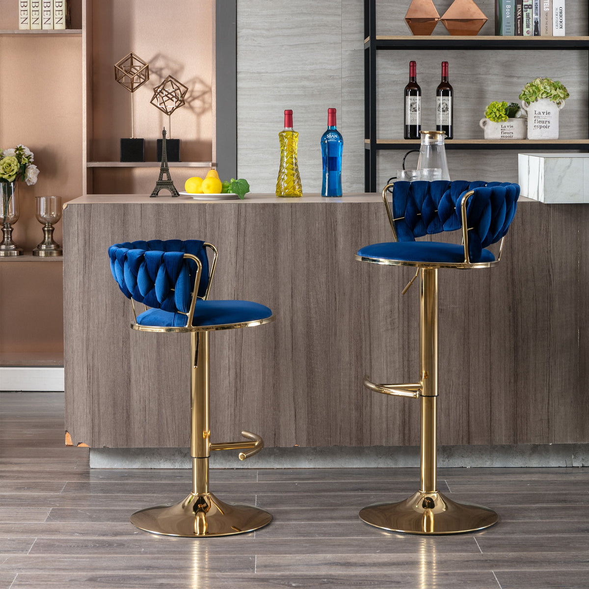 Modern Adjustable Height Velvet Bar Stools with Gold Base Set of 2
