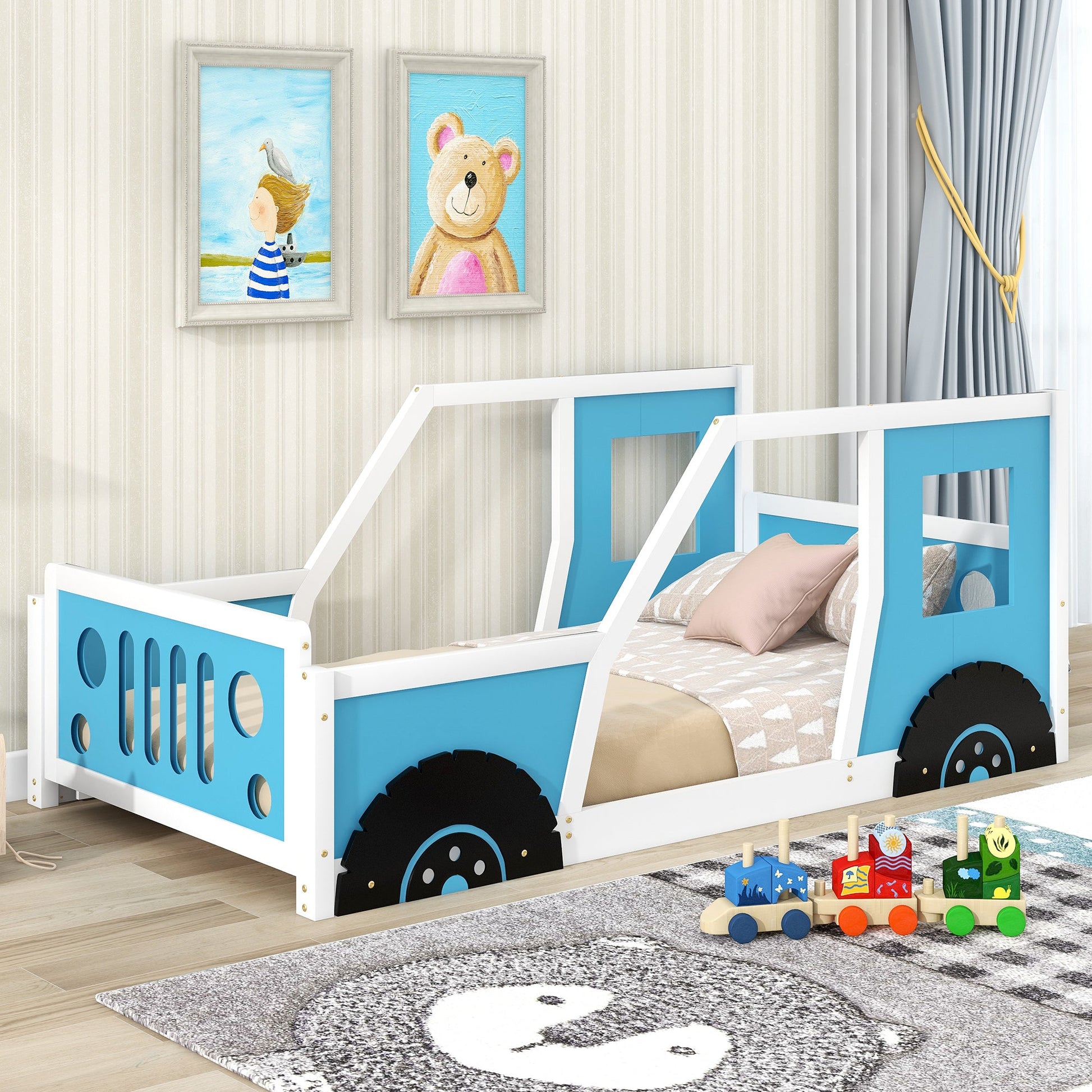 Twin Size Classic Car-Shaped Platform Bed with Wheels,Blue