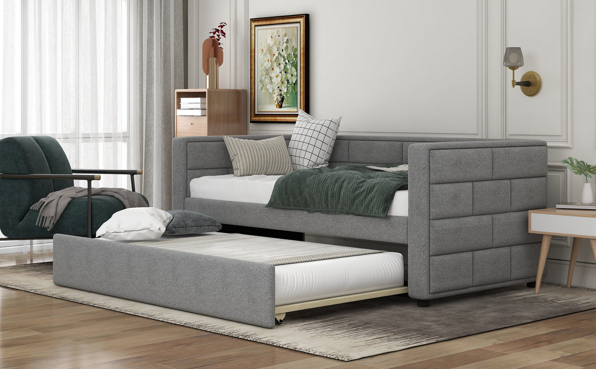 Twin Size Daybed with Trundle in Cube Tufted Gray Upholstery