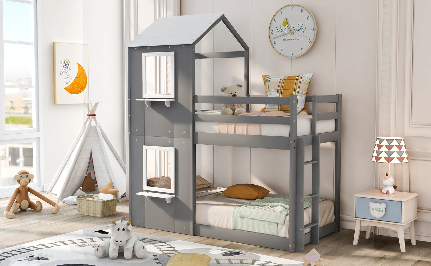 Twin Over Twin Bunk Bed Wood Bed with Roof, Window, Guardrail, Ladder Gray & White