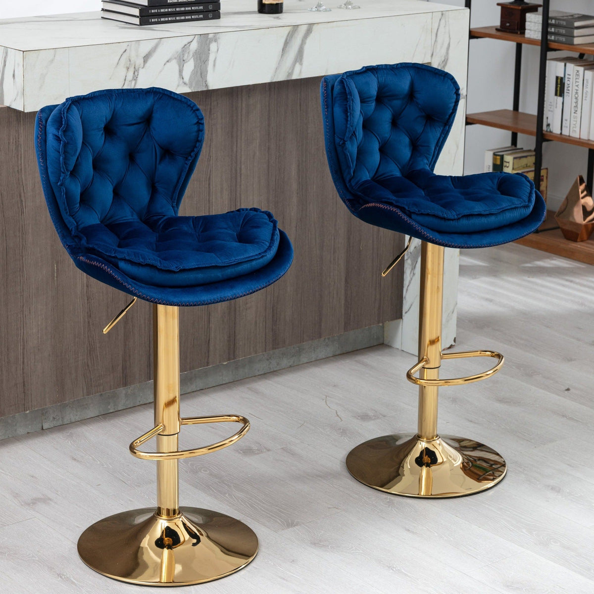 Modern Adjustable Height Tufted Velvet Swivel Bar Stools Set of 2