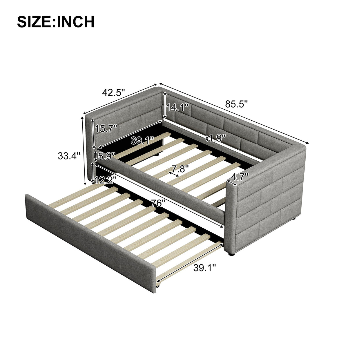 Twin Size Daybed with Trundle in Cube Tufted Gray Upholstery