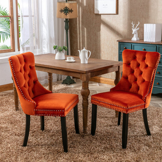 Nikki Tufted Dining Chair with Black Legs in Orange Velvet Set of 2