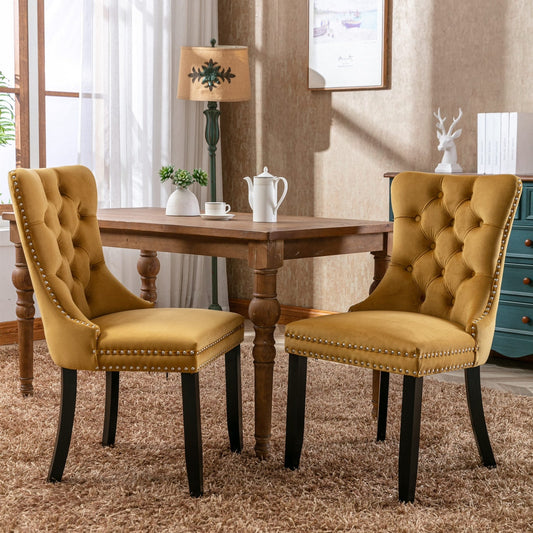 Nikki Tufted Dining Chair with Black Legs in Gold Velvet Set of 2