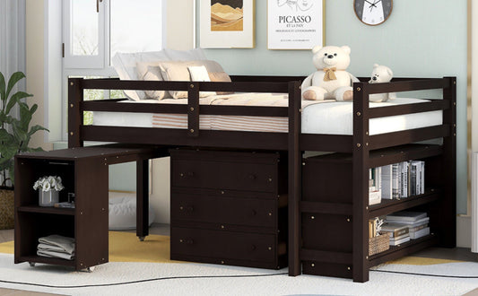 Lucky Full Size Low Loft Bed with Cabinets & Desk - Espresso