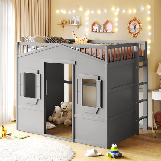 Homey Life House Loft Bed With Ladder- Gray