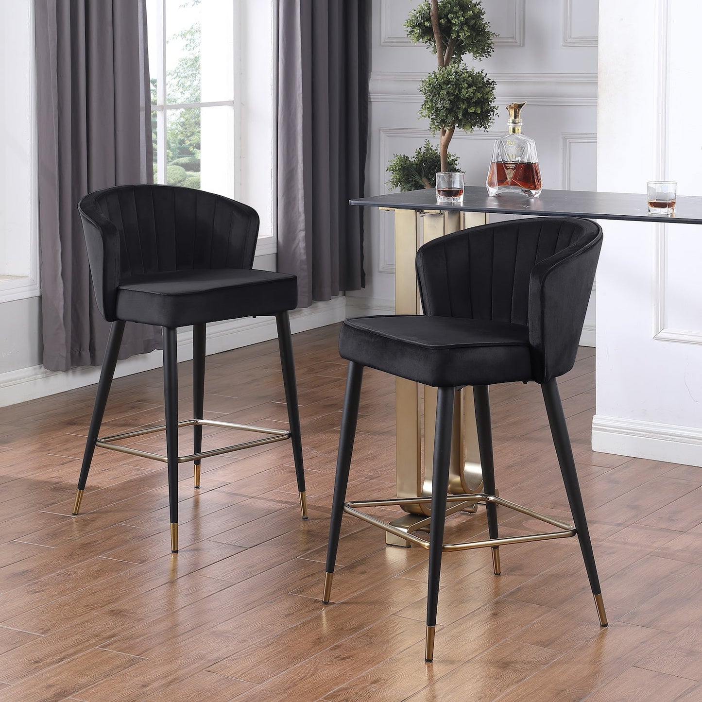 Woker Contemporary Velvet Counter Height Stool Set of 2 Black