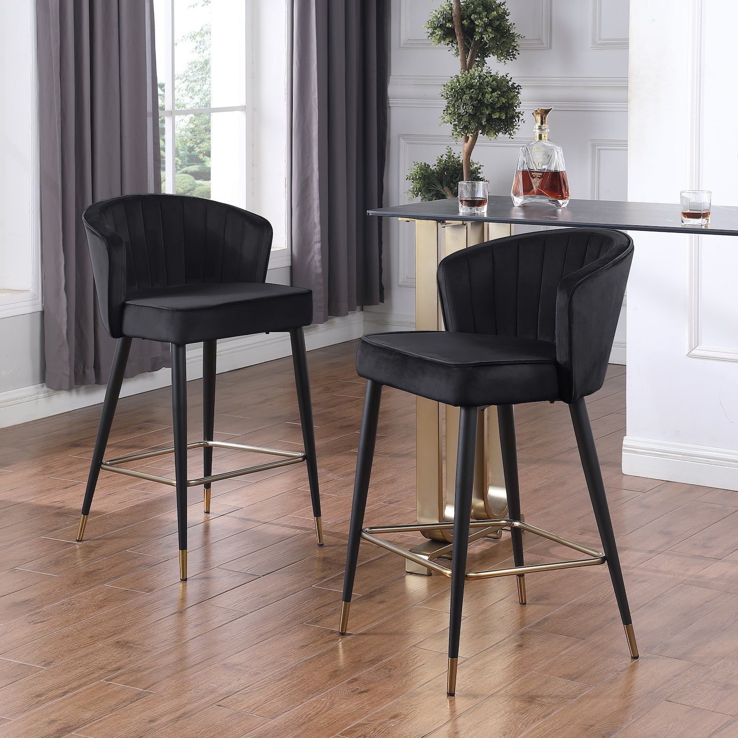 Woker Contemporary Velvet Counter Height Stool Set of 2 Black