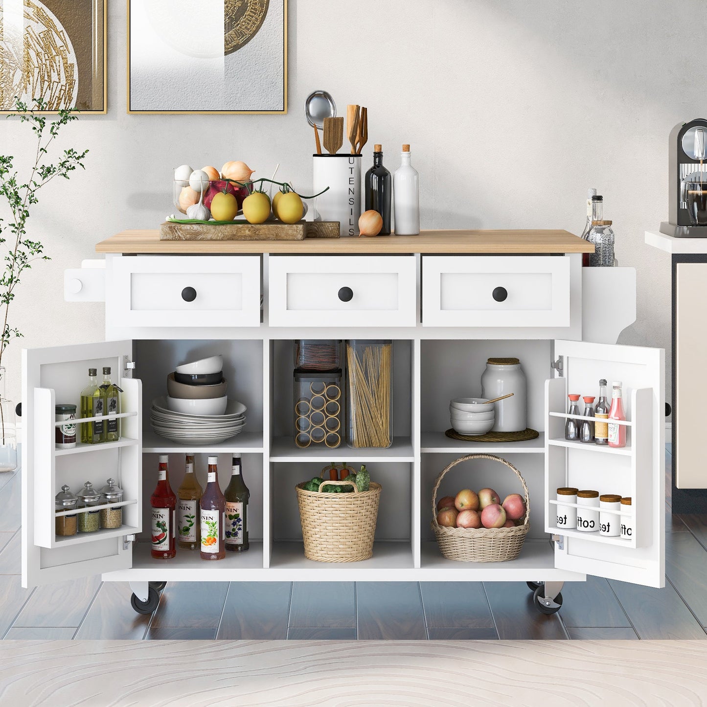 K&K Mobile Kitchen Island Cart with Drop Leaf- White