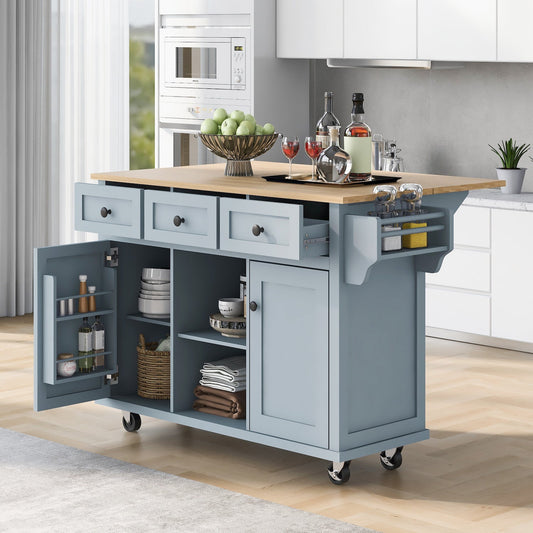 K&K Mobile Kitchen Island Cart with Drop Leaf- Gray Blue