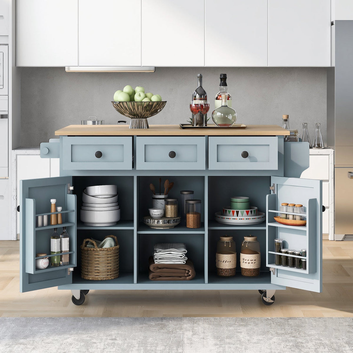 K&K Mobile Kitchen Island Cart with Drop Leaf- Gray Blue