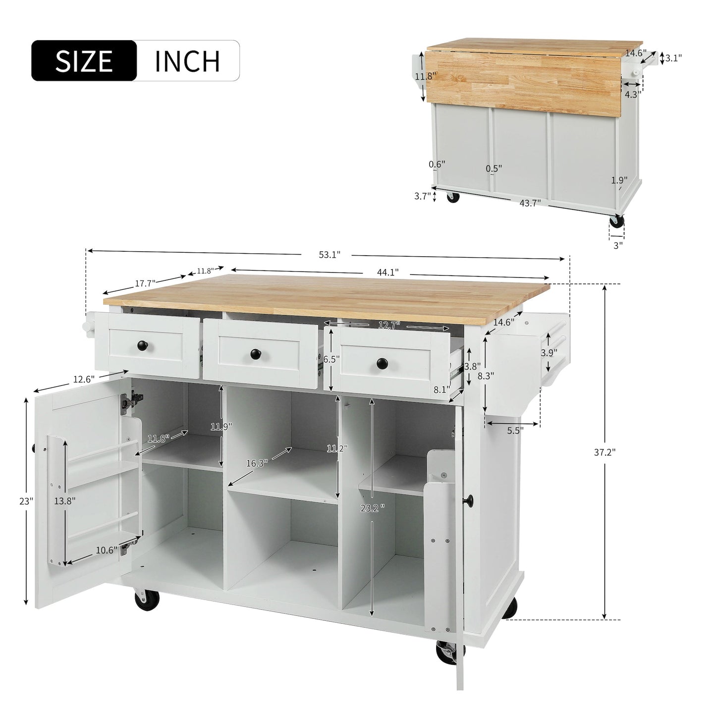 K&K Mobile Kitchen Island Cart with Drop Leaf- White