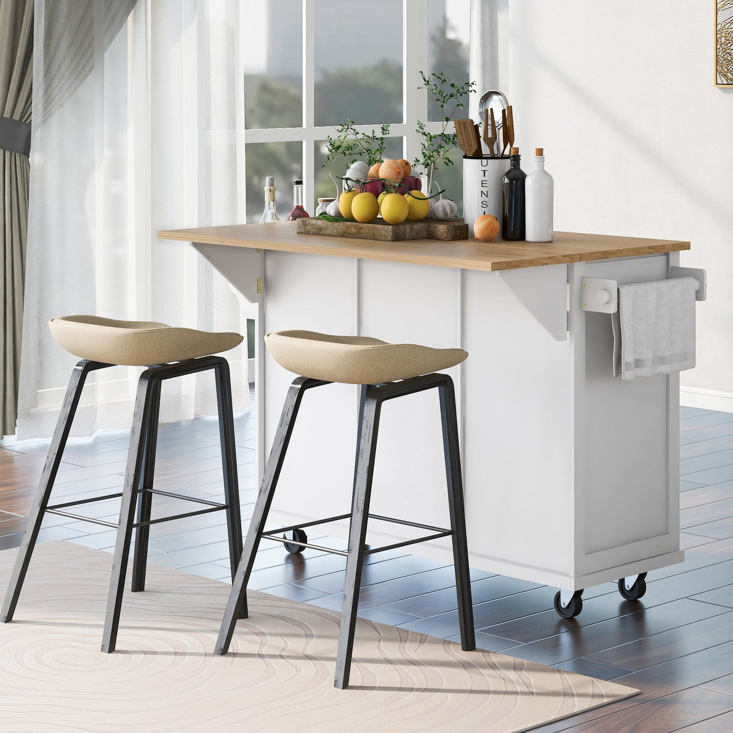K&K Mobile Kitchen Island Cart with Drop Leaf- White