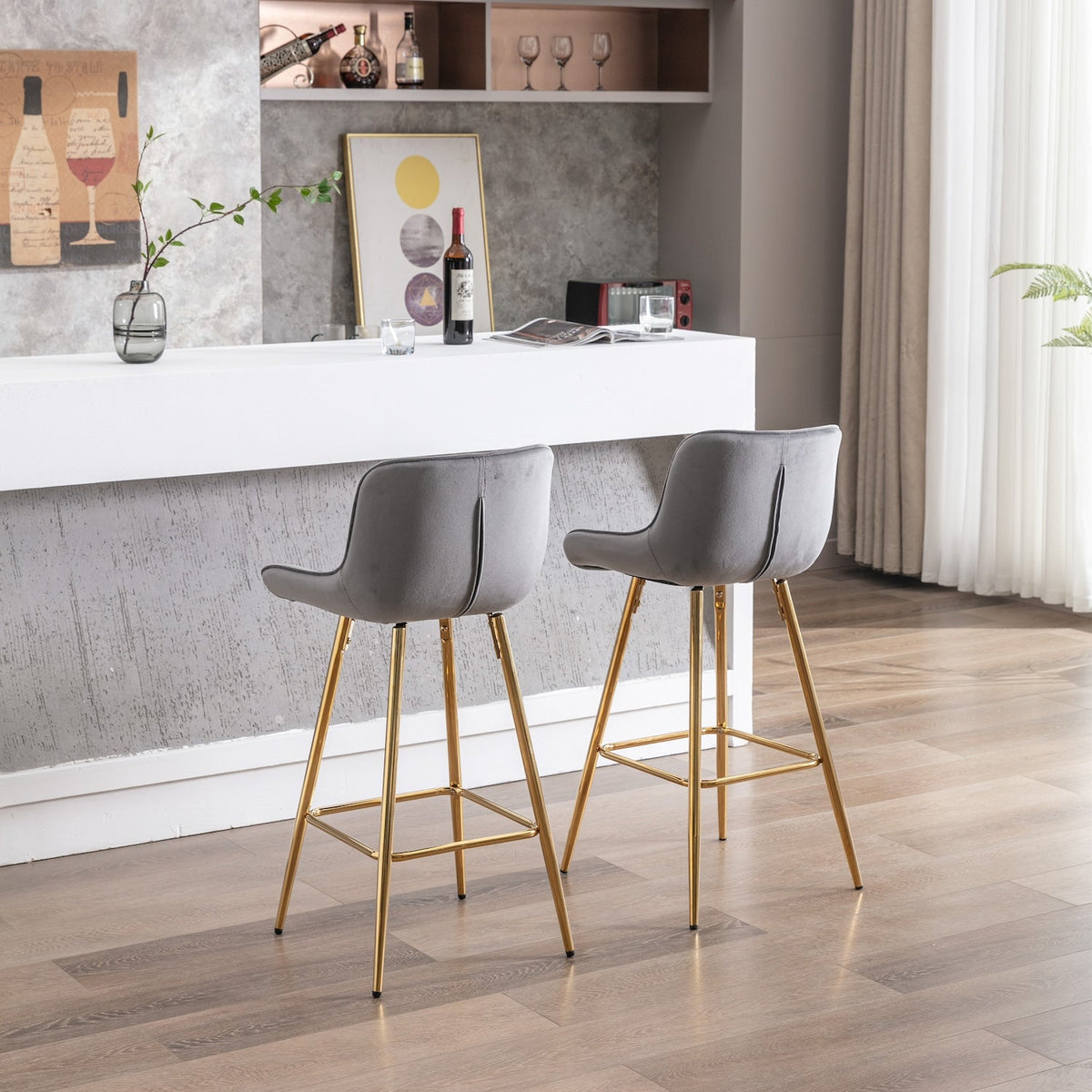 Edita 26" Velvet Bar Stools with Gold Legs Set of 2 - Gray