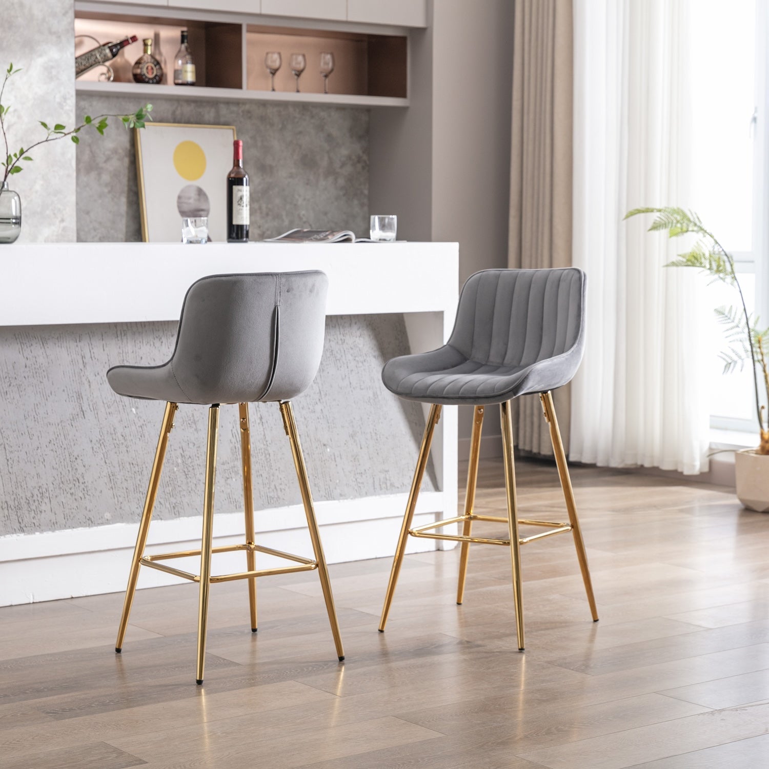 Edita 26" Velvet Bar Stools with Gold Legs Set of 2 - Gray