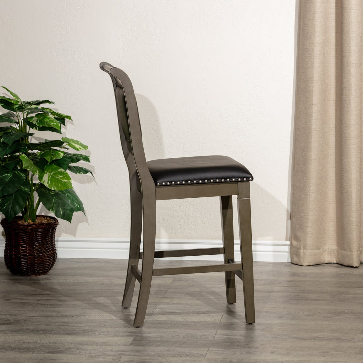 DTY Home 24" Counter Height Stool In Weathered Gray with Black Leather Seat