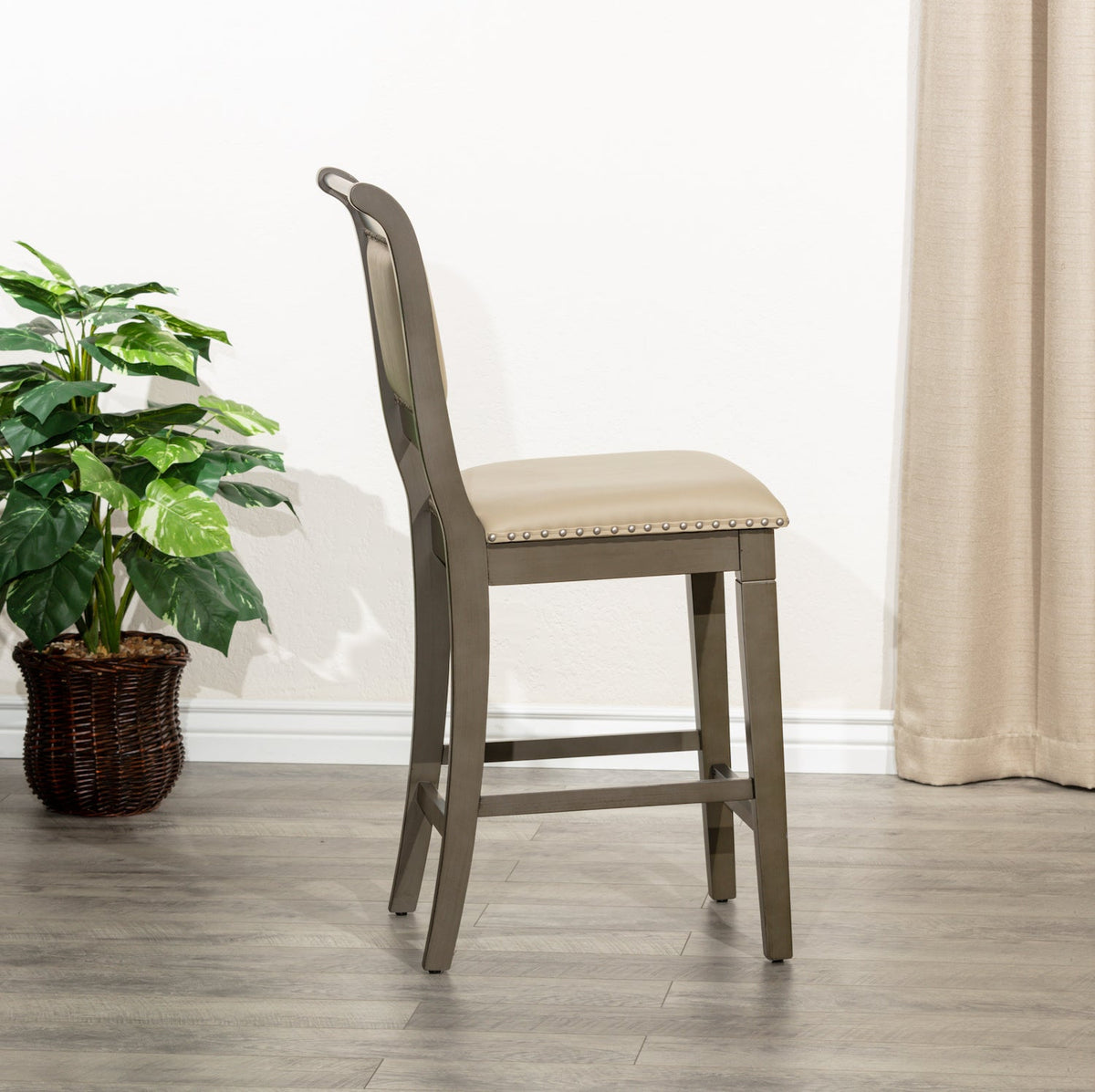 DTY Home 24" Counter Height Stool In Weathered Gray with Gray Leather Seat