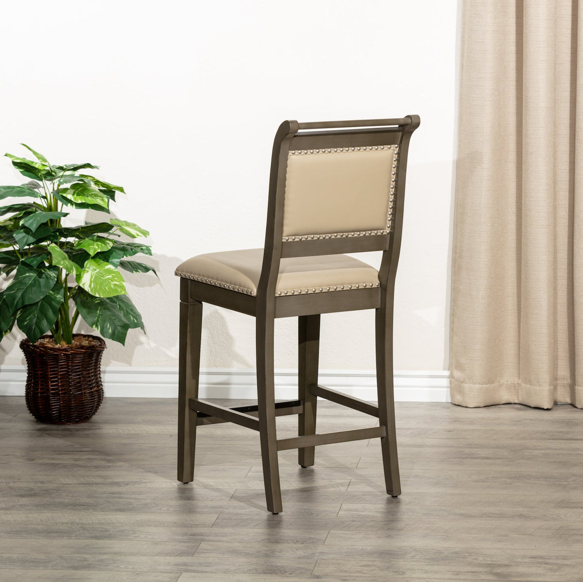 DTY Home 24" Counter Height Stool In Weathered Gray with Gray Leather Seat
