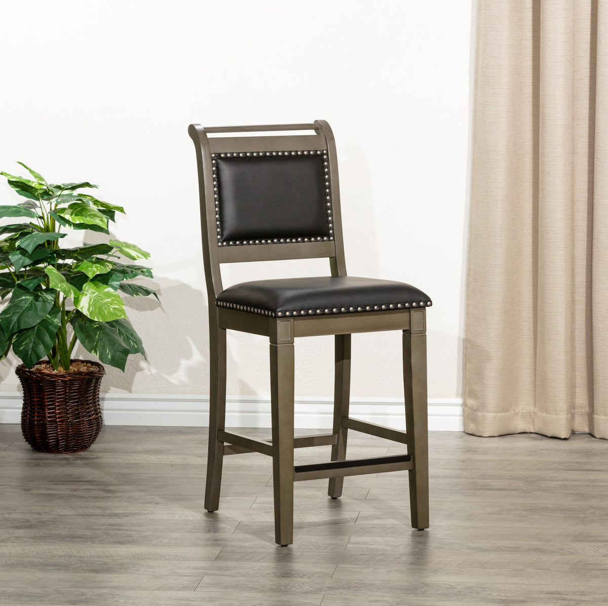 DTY Home 24" Counter Height Stool In Weathered Gray with Black Leather Seat