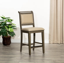DTY Home 24" Counter Height Stool In Weathered Gray with Gray Leather Seat
