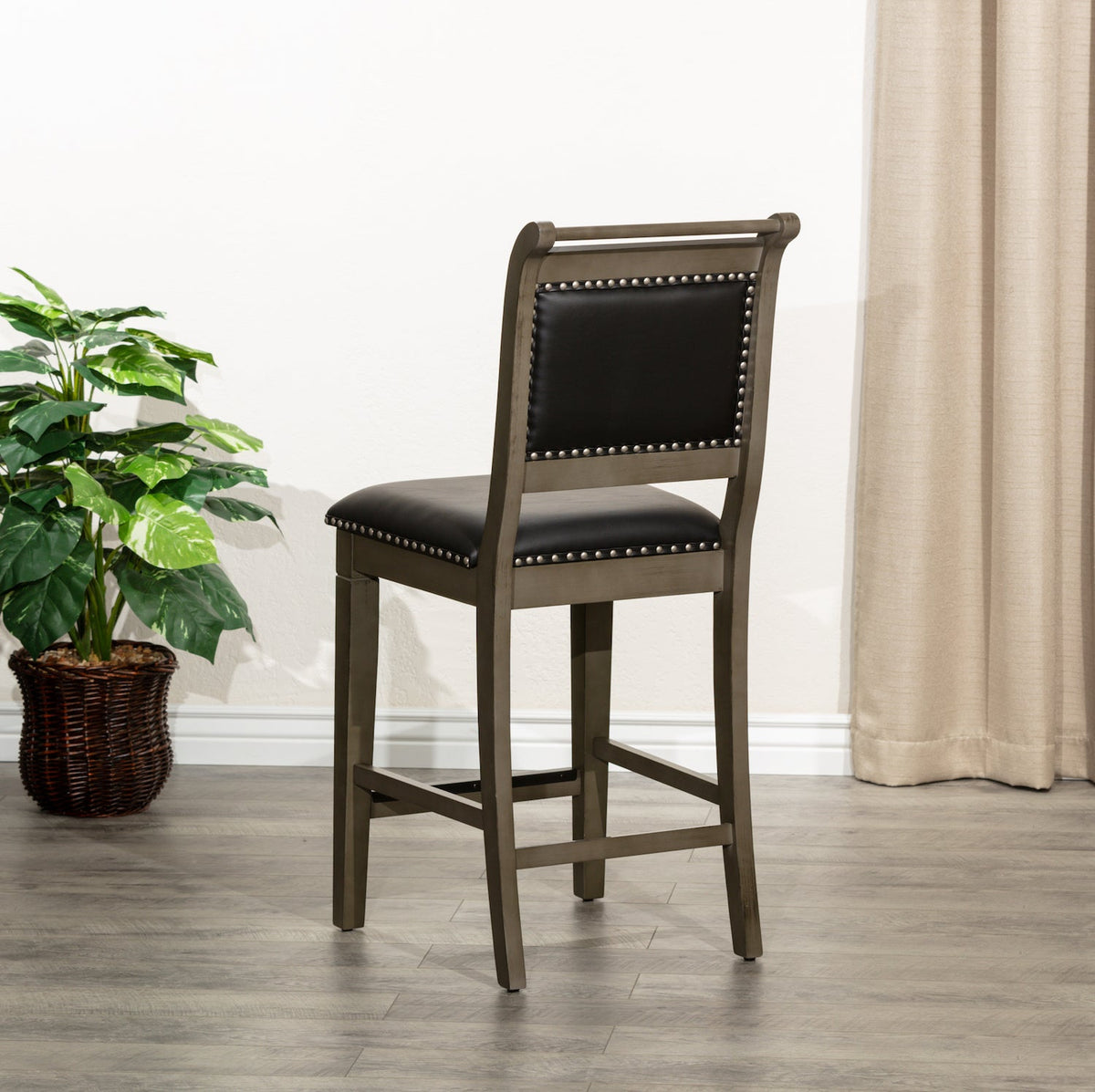 DTY Home 24" Counter Height Stool In Weathered Gray with Black Leather Seat