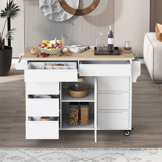 K&K Kitchen Island Cart with 8 Drawers - White