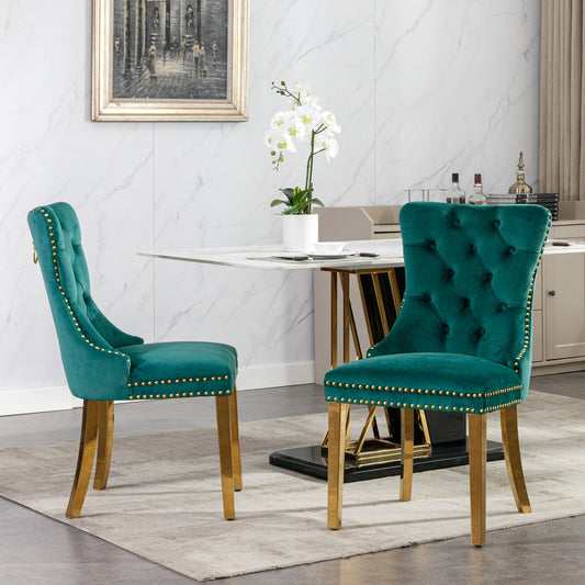 Nikki Tufted Dining Chair with Golden Legs in Green Velvet Set of 2