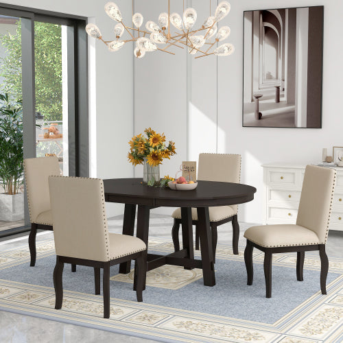 TREXM Farmhouse 5 Pc Round Extendable Dining Table Set - Espresso