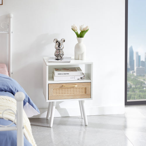 SYA Furniture Modern Minimalist Rattan Nightstand - White
