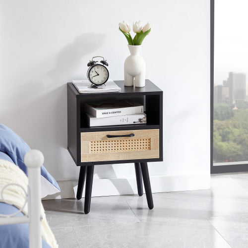 SYA Furniture Modern Minimalist Rattan Nightstand - Black