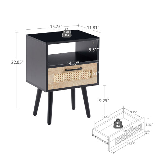 SYA Furniture Modern Minimalist Rattan Nightstand - Black