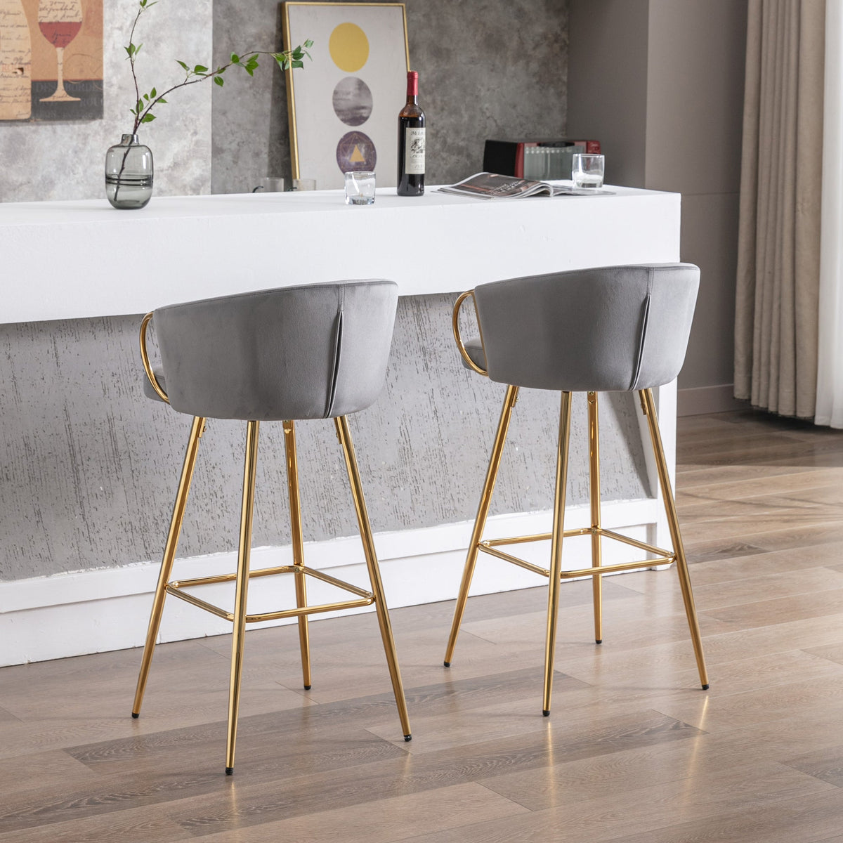 Weehaa 30" Velvet Bar Stools with Gold Base - Gray
