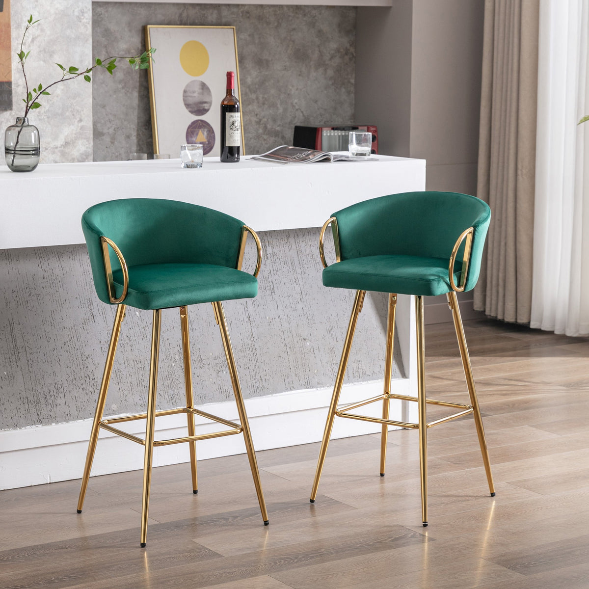 Weehaa 30" Velvet Bar Stools with Gold Base - Green
