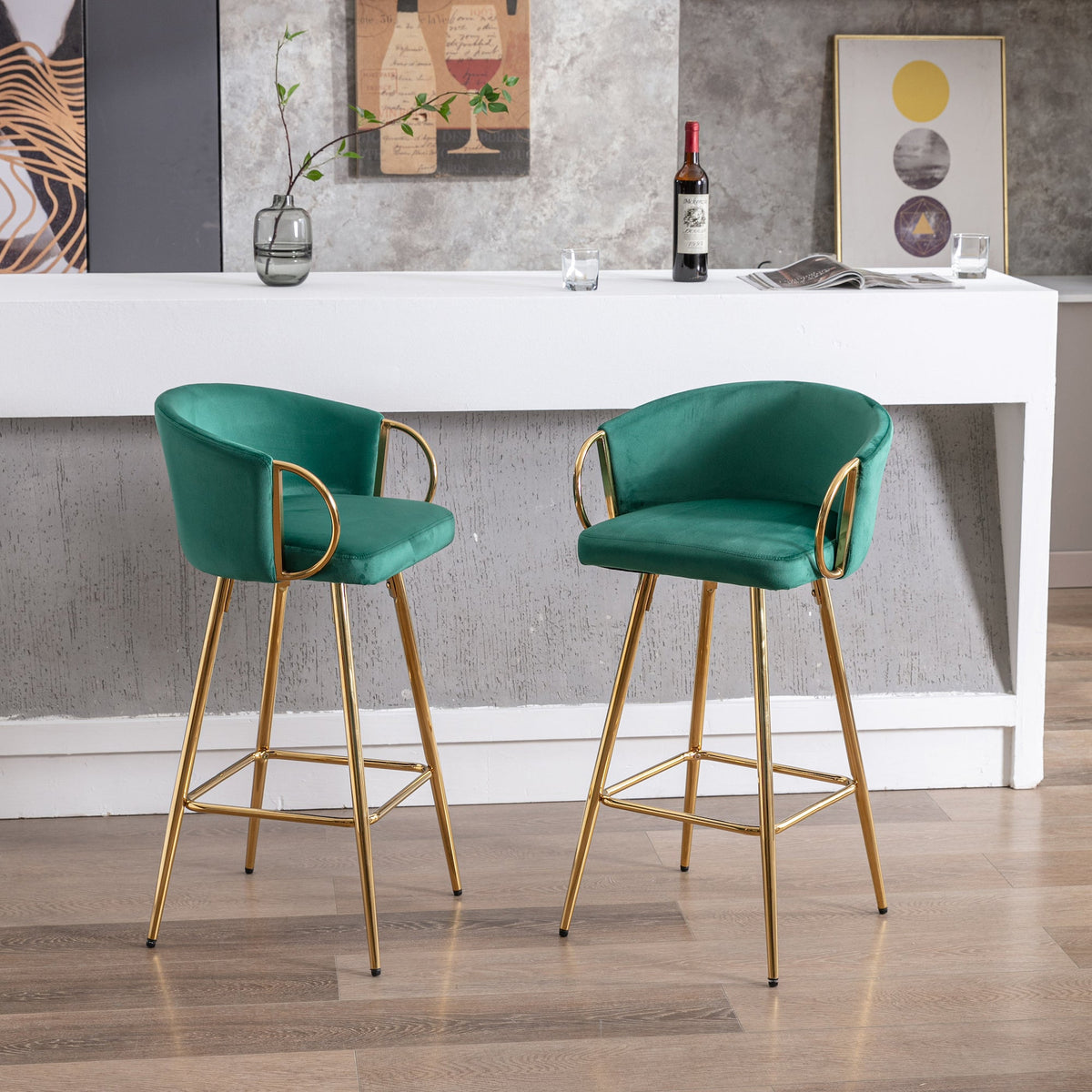 Weehaa 30" Velvet Bar Stools with Gold Base - Green