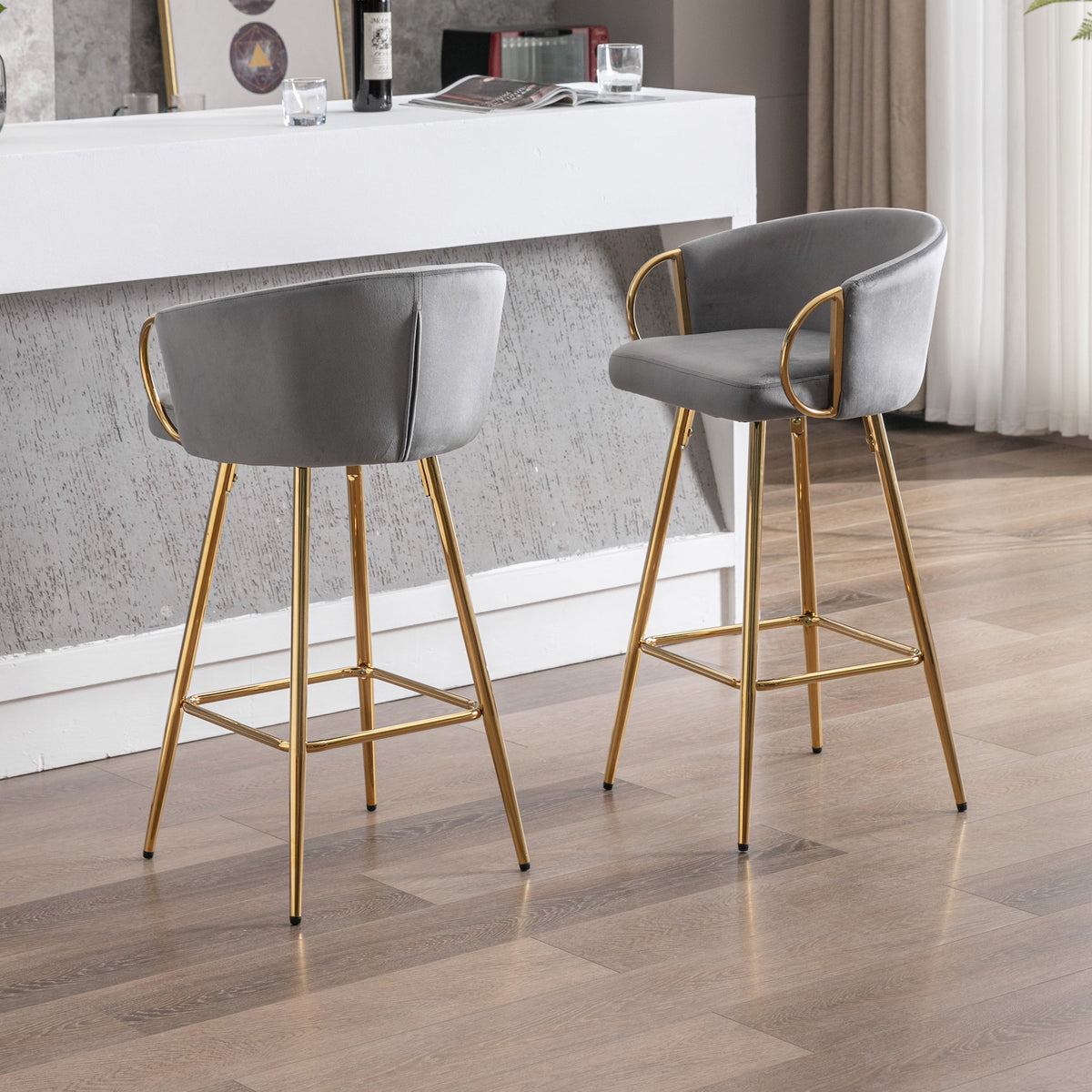 Weehaa 30" Velvet Bar Stools with Gold Base - Gray